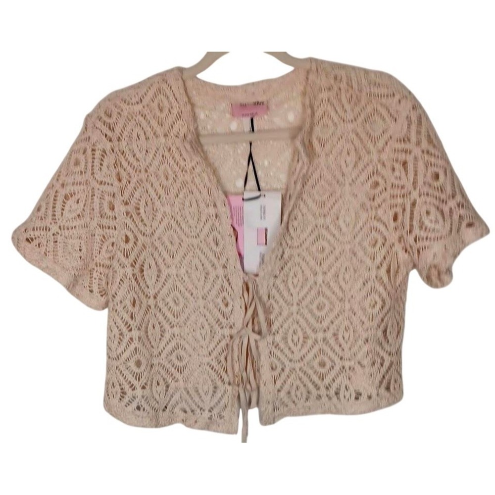 Future Collective Blouse Womens‎ XS Beige Crochet Tie Front Short Sleeve Cropped